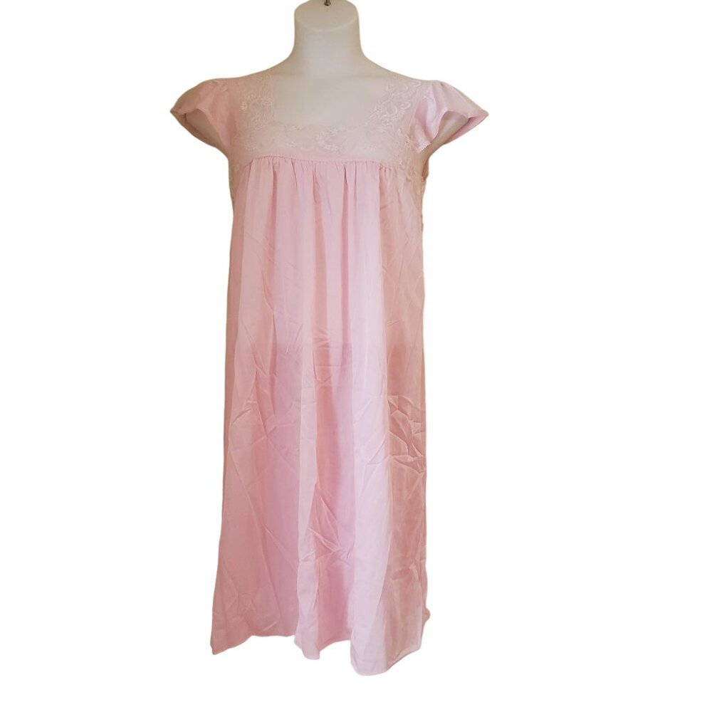 Vassarette M‎ Pink Lace Sheer Nightgown Lingerie Nylon USA Sexy Peignoir